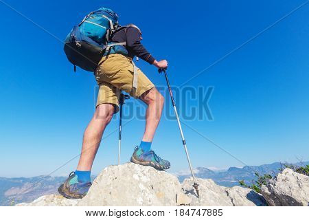 Hiking in famous Lycian Way in the Turkey. Backpacker in the trail.