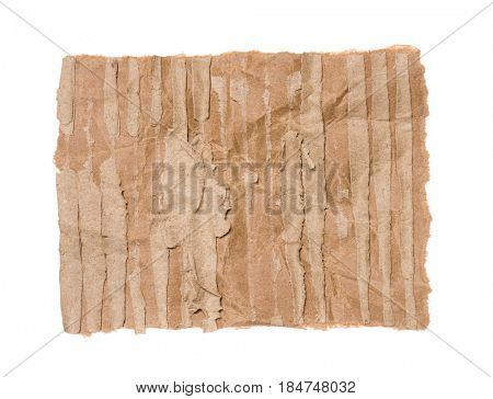 Piece of corrugated cardboard torn, isolated on white background. Cardboard texture ragged edge.