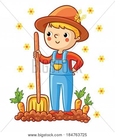 A young farmer in a garden with a carrot. The boy grows vegetables. Vector illustration with a farmer shovel and carrots.