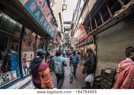 Delhi, India - January 27, 2017: Ordinary Crowdy City Life At Chandni Chowk, Old Delhi, Famous Trave