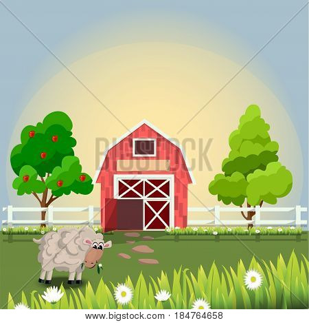 High quality original trendy vector illustration of a cute sheep on farm with fruit trees and chamomile, Farm animals collection.