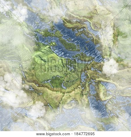 Aerial view from air plane of mountains with rivers or lakes texture background. And frame made of clouds around it. 3d illustration.