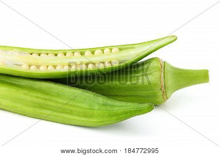 Sliced okra (bamia) isolated close-up on the white backgroud.
