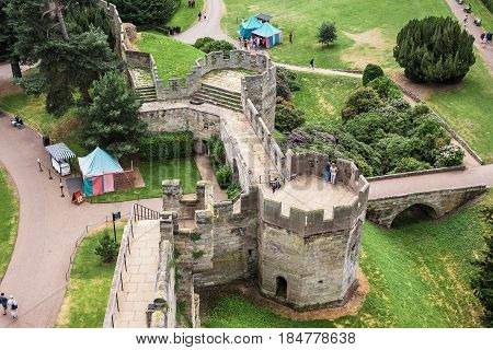 The view from the top of medieval Warwick Castle. The Bear and Clarence Towers which were built by King Richard III in the 1480s. Warwick Warwickshire United Kingdom