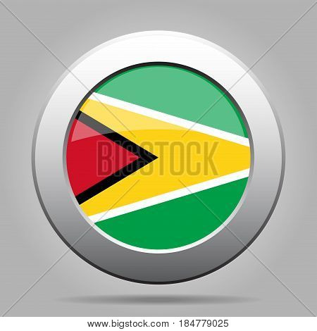 National flag of Guyana. Shiny metal gray round button with shadow.