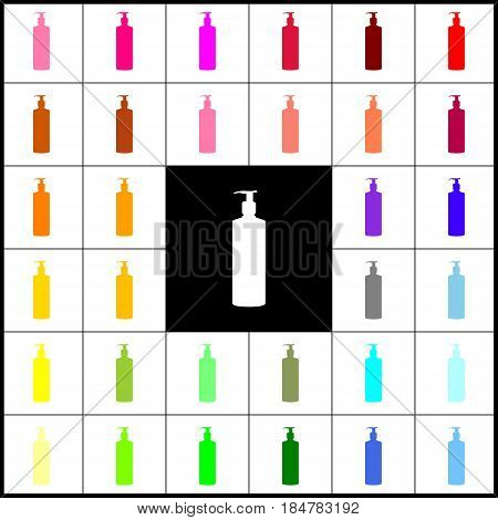 Gel, Foam Or Liquid Soap. Dispenser Pump Plastic Bottle silhouette. Vector. Felt-pen 33 colorful icons at white and black backgrounds. Colorfull.