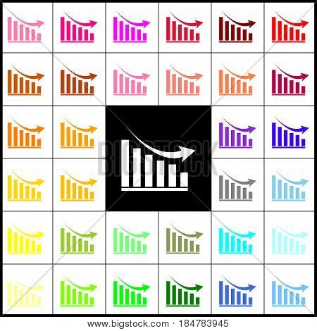 Declining graph sign. Vector. Felt-pen 33 colorful icons at white and black backgrounds. Colorfull.