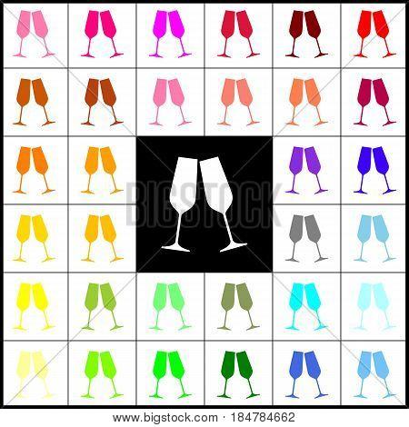 Sparkling champagne glasses. Vector. Felt-pen 33 colorful icons at white and black backgrounds. Colorfull.