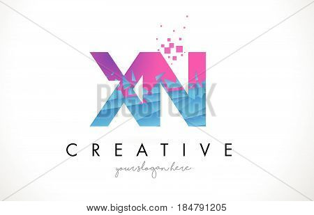 Xn X N Letter Logo With Shattered Broken Blue Pink Texture Design Vector.