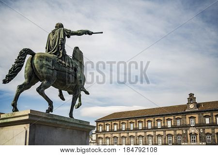Equestrian Statue outside of the Royal palace of Naples, Italy