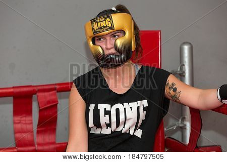 CRACOW POLAND - FEBRUARY 12 2016: Agnieszka Niestoj - talented Polish boxer durning boxing training with coach in the gym. Cracow Poland