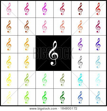 Music violin clef sign. G-clef. Treble clef. Vector. Felt-pen 33 colorful icons at white and black backgrounds. Colorfull.