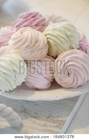 Close up of Homemade sweet zephyr. Sweet marshmallow or zephyr