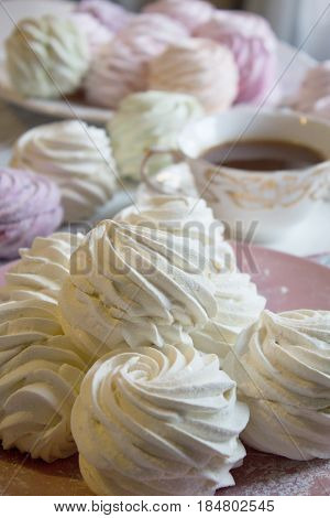 Close up of Homemade sweet zephyr. Sweet marshmallow or zephyr