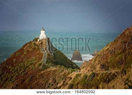 Lighthouse on the Nugget Point - stunning part of New Zealand south Island coast