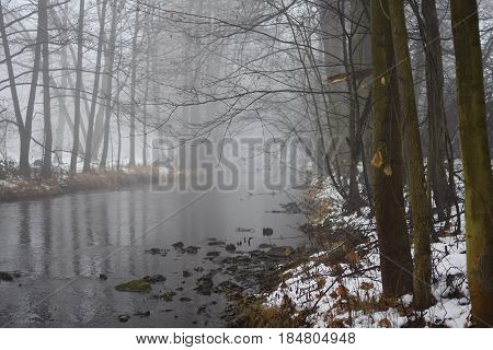 winter depressed atmosphere with fog around the river
