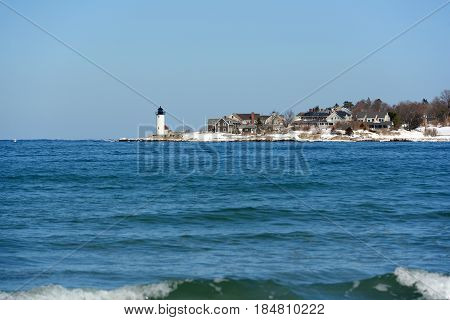 Annisquam Harbor Lighthouse in winter, Gloucester, Cape Ann, Massachusetts, USA. This historic lighthouse was built in 1898 on the Annisquam River.