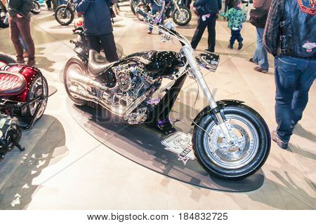 St. Petersburg Russia - 15 April, Black shiny motobike,15 April, 2017.
International Motor Show IMIS-2017 in Expoforurum.
Motorcycles and motoconcepts presented at St. Petersburg Motor Show.