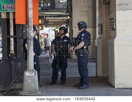 BRONX NEW YORK USA - APRIL 10 NYPD Police Counterterrorism Bureau officers patrol Yankee stadium during opening day game. Taken April 10 2017 in New York.
