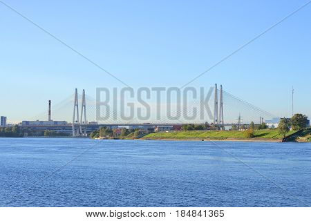 The Great Obukhov cable-stayed bridge and Neva River in St.Petersburg Russia.