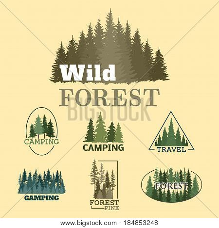 Tree outdoor travel green silhouette forest logo coniferous natural badge tops pine spruce branch cedar and plant leaf abstract stem drawing vector illustration. Panorama scene horizon decoration.
