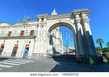 AREQUIPA PERU NOVEMBER 9: Main square of Arequipa with church on november 9  2015 in Arequipa Peru. Arequipa's Plaza de Armas is one of the most beautiful in Peru.