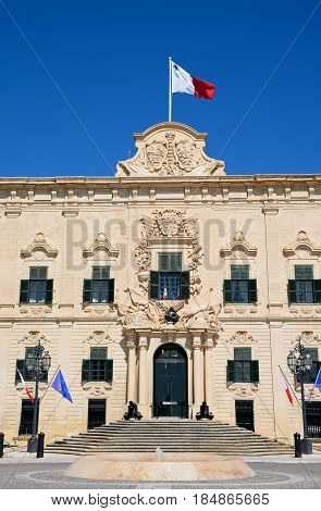 VALLETTA, MALTA - MARCH 30, 2017 - View of the Auberge de Castille (office of the Prime Minister) in Castille Square Valletta Malta Europe, March 30, 2017.