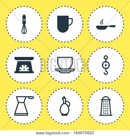 Vector Illustration Of 9 Restaurant Icons. Editable Pack Of Handmixer, Frying Pan , Coffee Cup Elements.