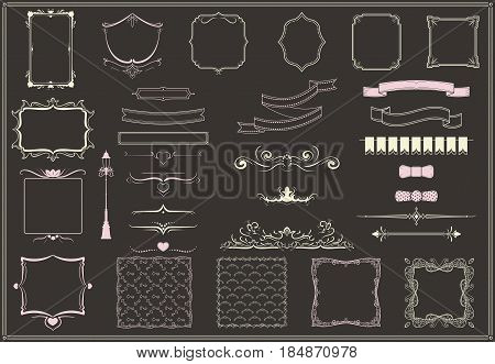 Vintage empty decorative elements collection with borders bow ties ornamental swirls ribbons ornate frames isolated vector illustration