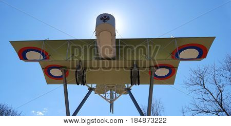 Gatchina, Russia - May 3, 2017: Monument in honor of the 100th anniversary of the first military airport in Russia. Airplane Model Foreman.