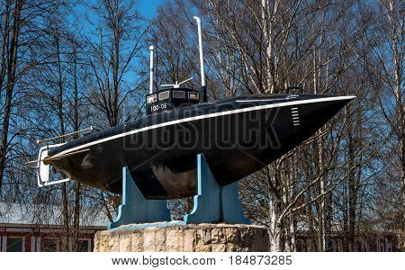 Gatchina, Russia - May 3, 2017: Monument of the first Russian submarine. Submarine was built in 1879 and tested in 1881 at Silver Lake in front of the Gatchina Palace in the presence of Emperor Alexander III.