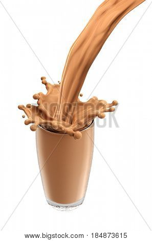 Splash of chocolate milk from the glass on isolated white background. 3d rendering