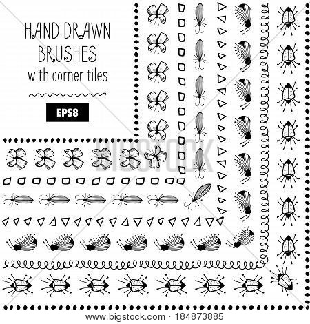 Set of Vector Doodle Pattern Brushes with Insects or Small Animals. Hand Drawn Ink Frames or Borders. Brushes are Included in EPS
