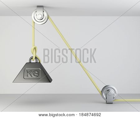 Weight with mass symbol tied on a roppe and block system. 3d illustration on a grey background.