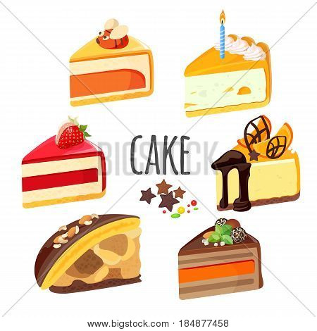 Set of cake pieces with fruits, white and black chocolate, ream jelly and cheesecake stuffing realistic vector illustration isolated