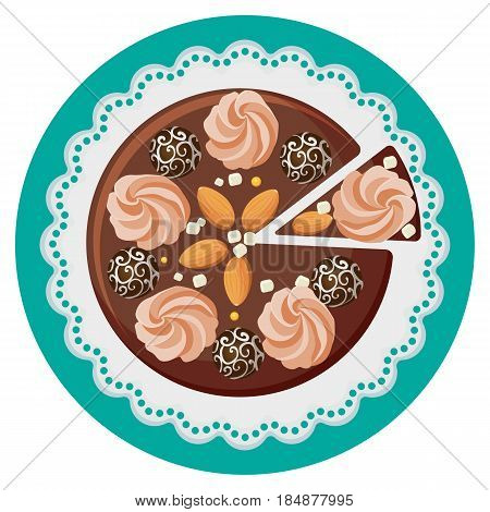 Birthday cake with cream flowers, chocolate balls and nuts on plate top view realistic vector illustration isolated on white