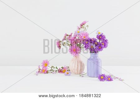 flowers in ceramic vases on white background
