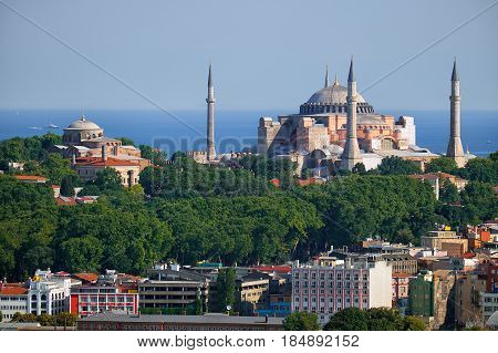 The View Of Hagia Sophia And Hagia Irene On The Background Of The Marmara Sea, Istanbul