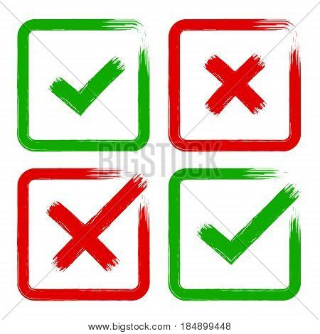 Vector tick and cross brush stroke sign set. Green and red OK X vote option check mark icons. Isolated objects on white background. Flat grunge marks graphic design. Symbol for yes and no decision.