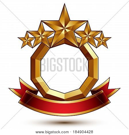 Majestic vector golden ring isolated on white background 3d polished five golden stars. Heraldic branded symbol with festive red ribbon. Dimensional glossy decorative stars elegant shaped blazon. Eps8.
