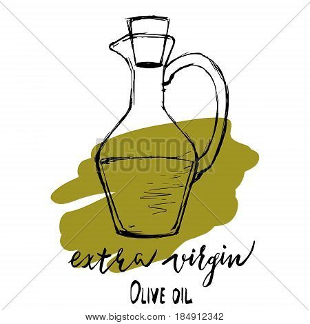 Set of hand drawn vector illustration and lettering olive oil olive branch and bottle for olive oil labels restaurant natural products. perfect stickers and badges for your business