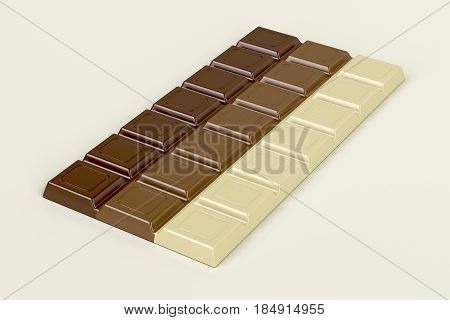 Chocolate bar with three different types of chocolate, 3D illustration