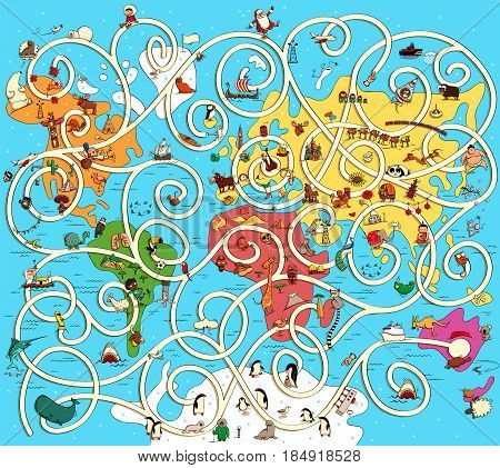 Great Map of the World Maze Game. Find the right way from Australia to Europe! Solution in hidden layer. Illustration is in eps10 vector mode with lots of educational details.