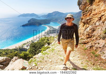 Hiking in famous Lycian Way in the Turkey. Backpacker in the trail.