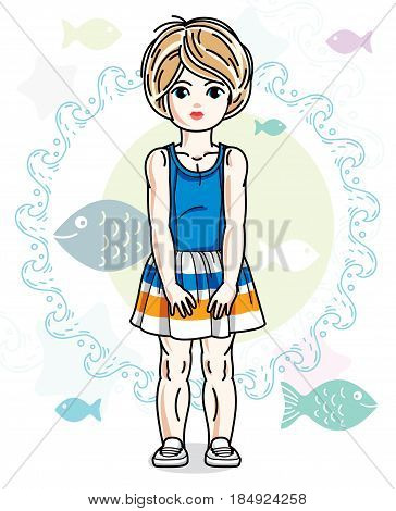 Happy little blonde girl posing on marine background with fishes and wearing fashionable casual clothes. Vector character.