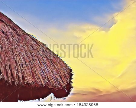 Palm hut roof on cloudy sky background. Tropical island leisure Digital illustration. Colorful sunset on beach minimal image. Exotic holiday destination banner template with text place. Palm leaf roof