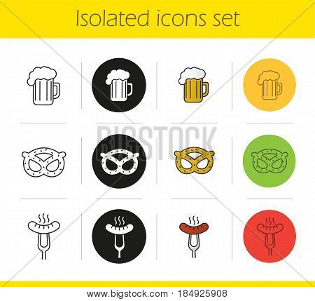 Beer snacks icons set. Linear, black and color styles. Steaming sausage on fork, brezel, foamy beer glass. Isolated vector illustrations