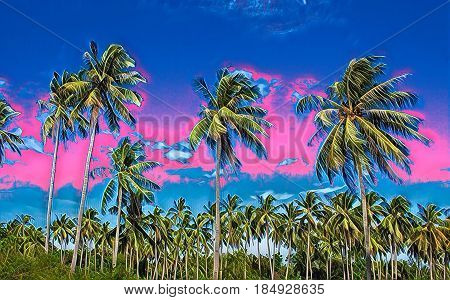 Tropical sunset landscape with palm trees. Exotic island digital painting. Beautiful tropical nature. Coco palm trees on sky background. Party or wedding card backdrop. Tropic scene with coconut palms