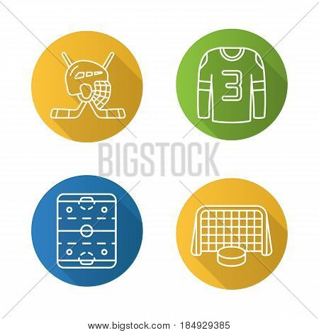 Hockey flat linear long shadow icons set. Sticks and helmet, rink, shirt, puck in gates. Vector line illustration