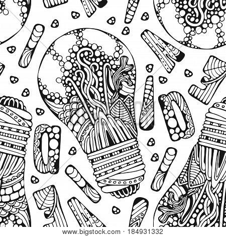 Decorative ornate hand drawn light bulb with bubbles leaves and waves ornate letters idea word and dotts. Seamless pattern. Creative background
